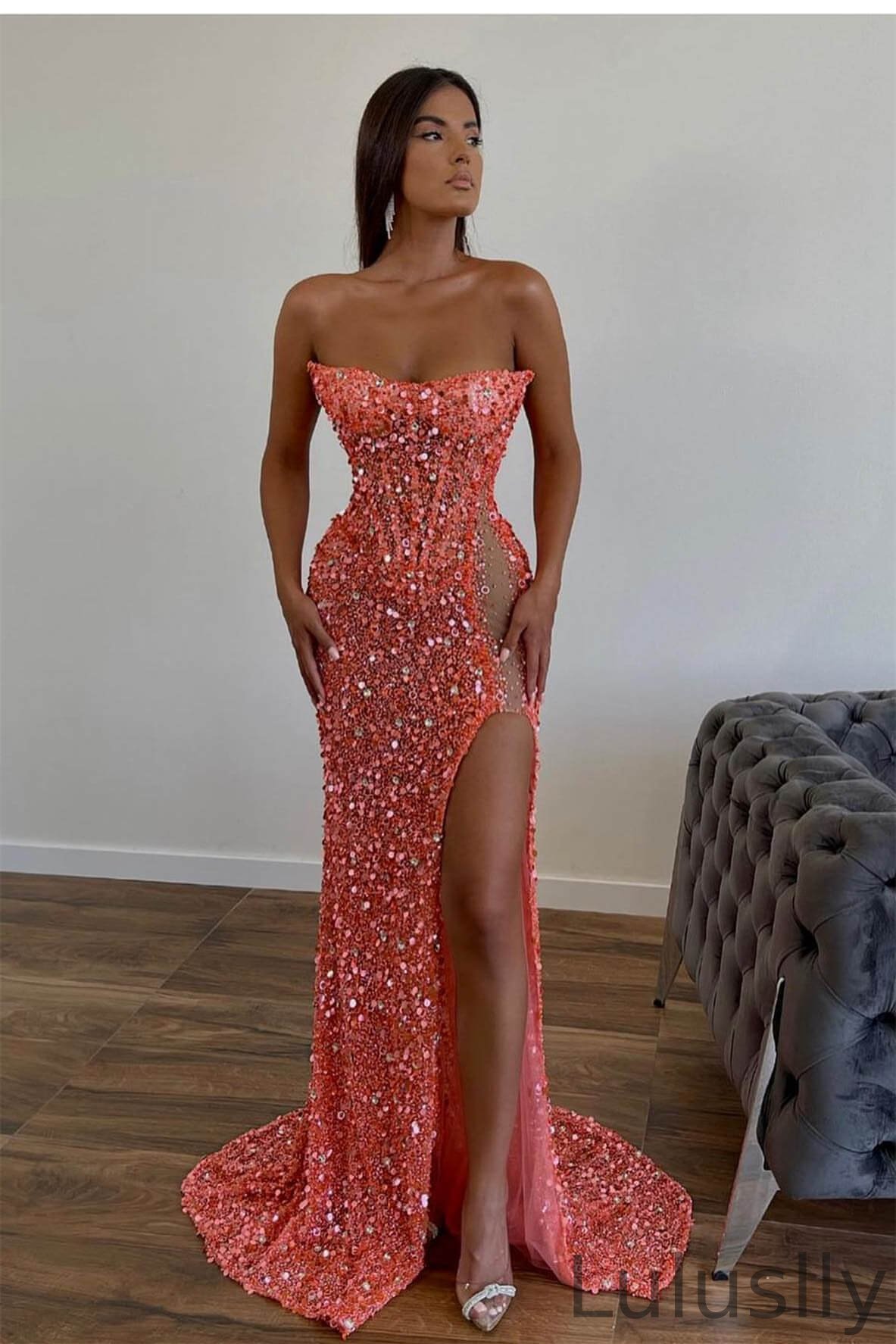 Luluslly Strapless Sequins Mermaid Prom Dress Long Split Online