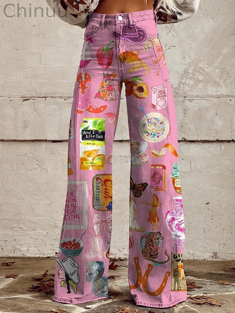 Women's Vintage Western Print Casual Wide Leg Pants