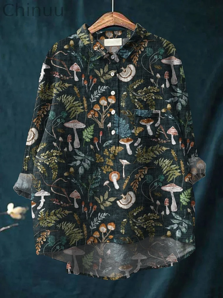 Women's Mushroom Art Print Casual Cotton And Linen Shirt