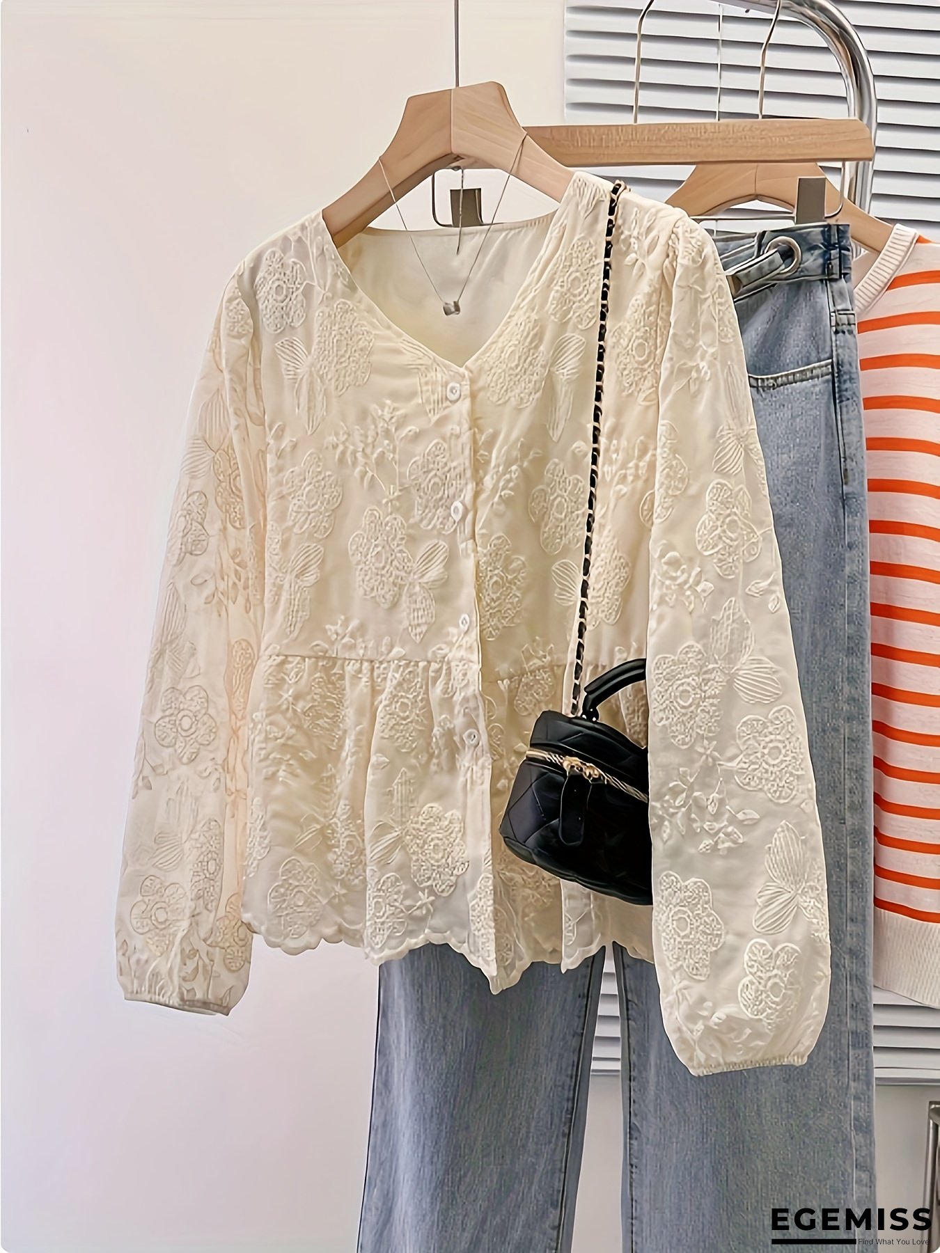 Women's Autumn French Elegant Floral Embroidery Long Sleeve Shirt | EGEMISS