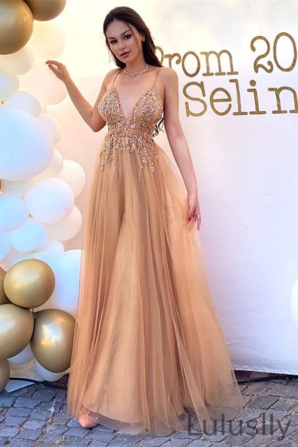 Luluslly Spaghetti-Straps Appliques V-Neck Evening Dress Long