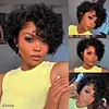 Natural Black / Brown Highlight Water Wave Pixie Cut Glueless Short Curly Wig