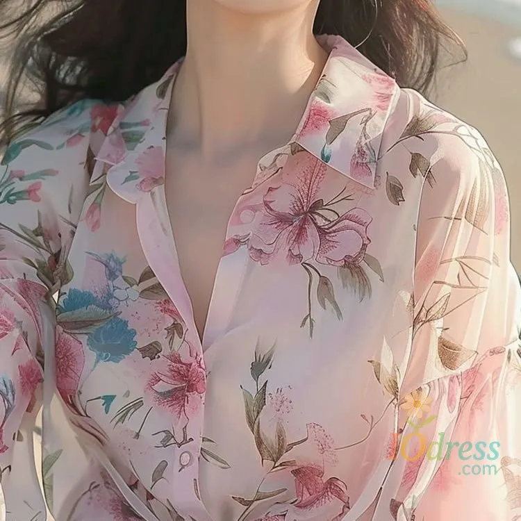 IO Dress Fashion Chiffon Floral Long Sleeve Shirts Women Spring Summer Vintage Print Elegant All-match Tops Sun-proof Blouse Female IO Dress
