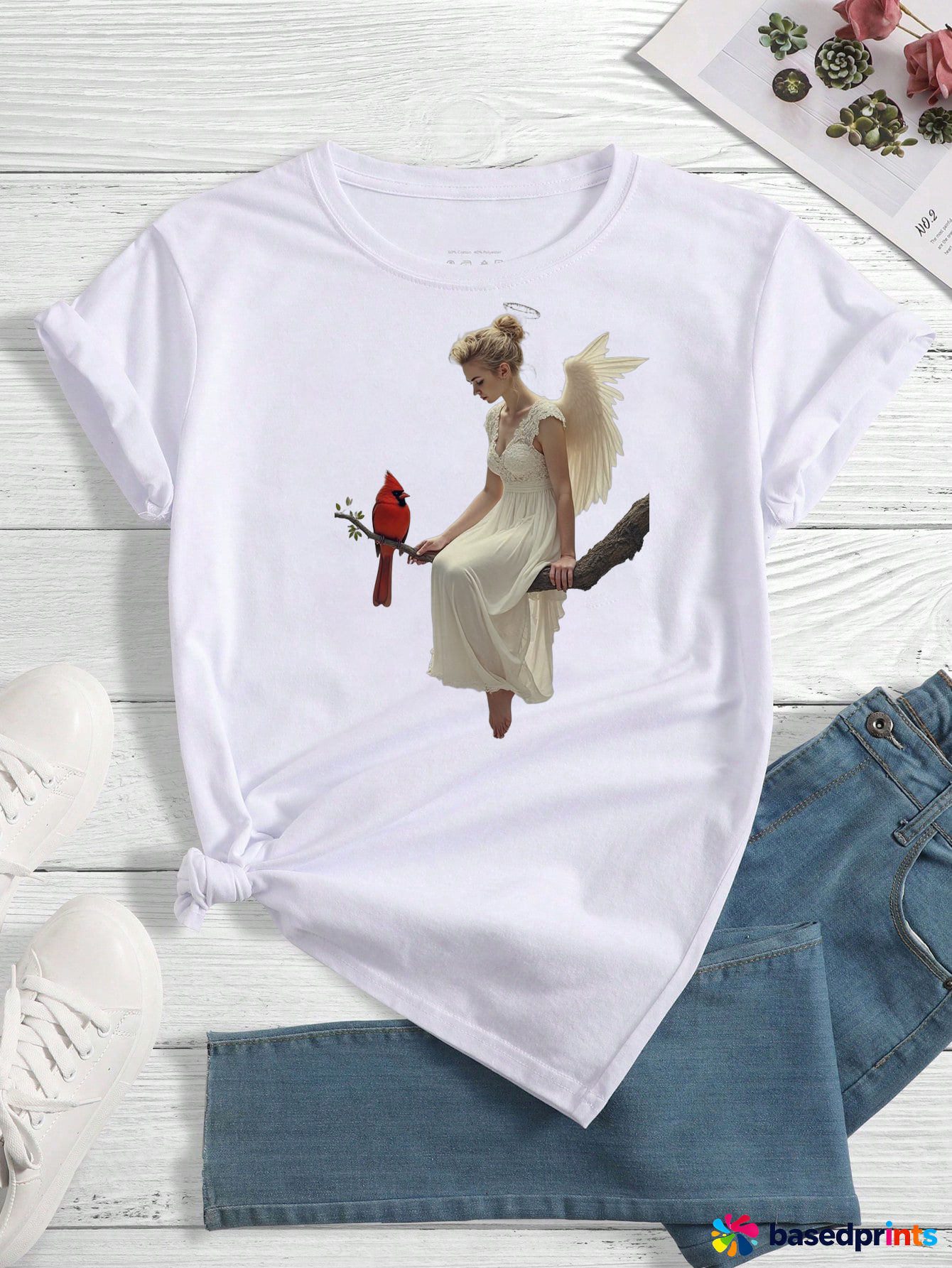 White Angel T-Shirt with Wings and Cardinal Bird Print