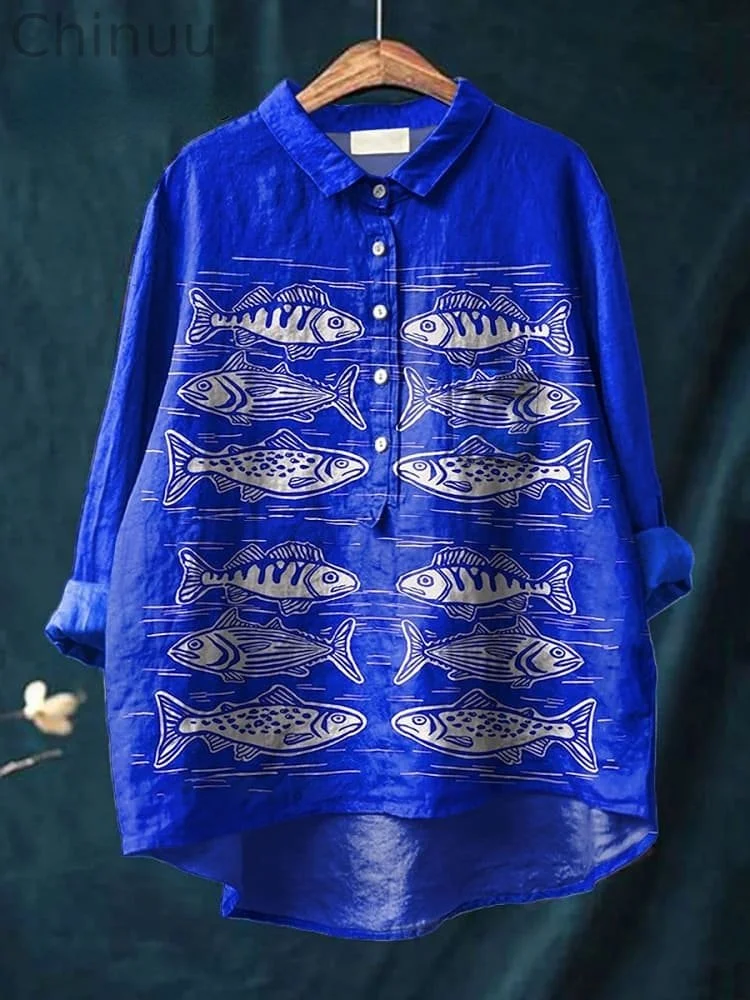 Women's Vintage Fish Art Print Casual Cotton And Linen Shirt