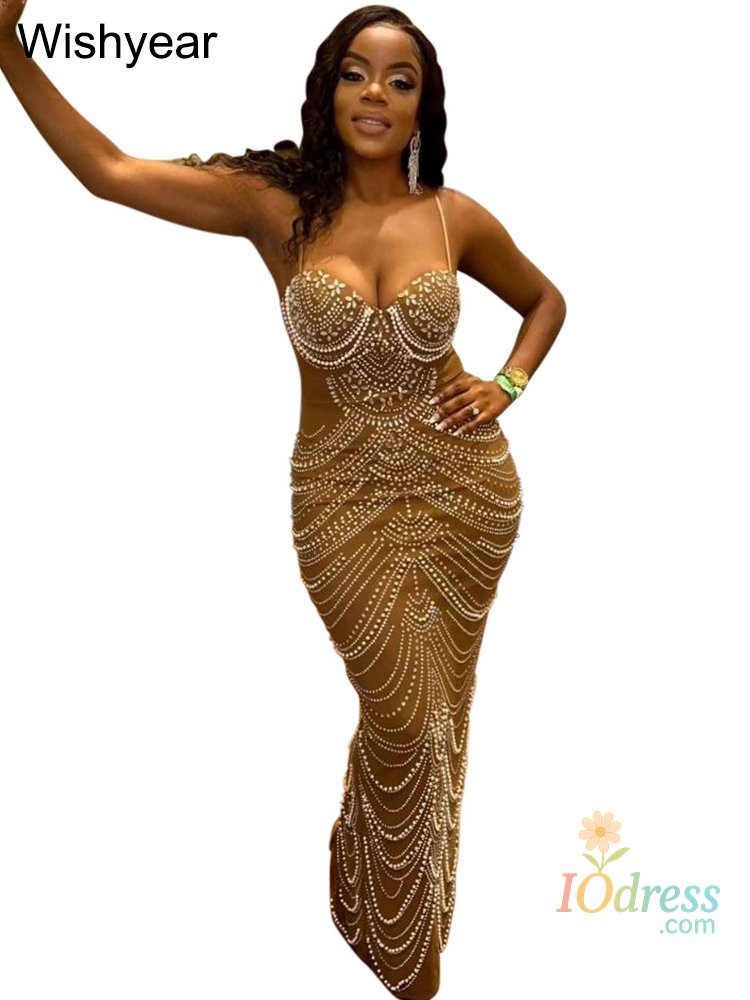IO Dress New Luxury Sparkly Crystal Rhinestone Pearl Celebrities Gown Brown Dress Woman Strap Evening Party Birthday Prom Wedding Vestido IO Dress