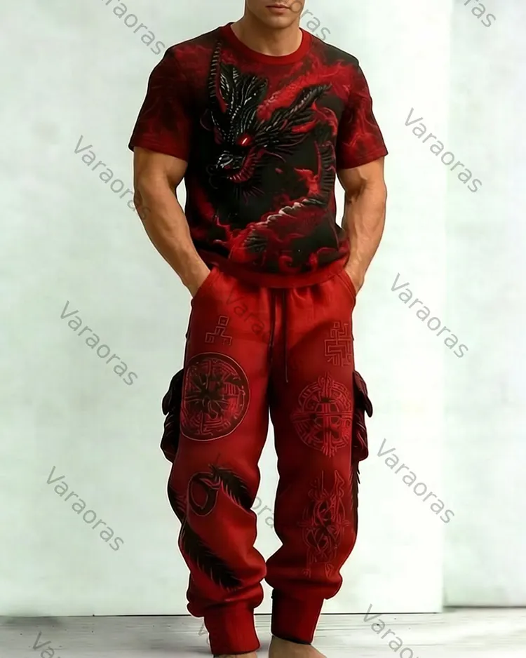 Men's Viking Summer Color-Blocked Short-Sleeve Shirt and Long Pants Set 4694