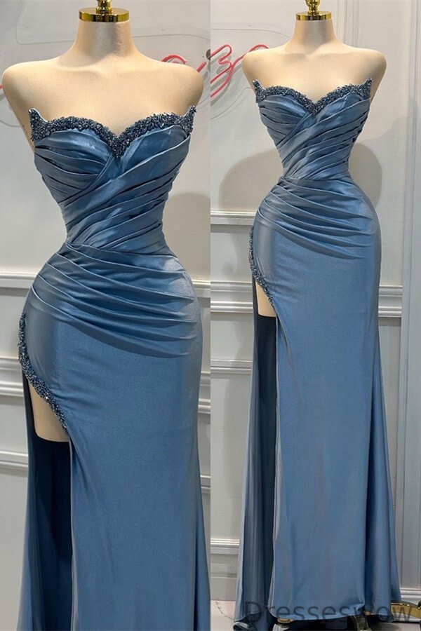 Dresseswow Dusty Blue Sweetheart Sleeveless Mermaid Ball Dress Pleated With Split Beads