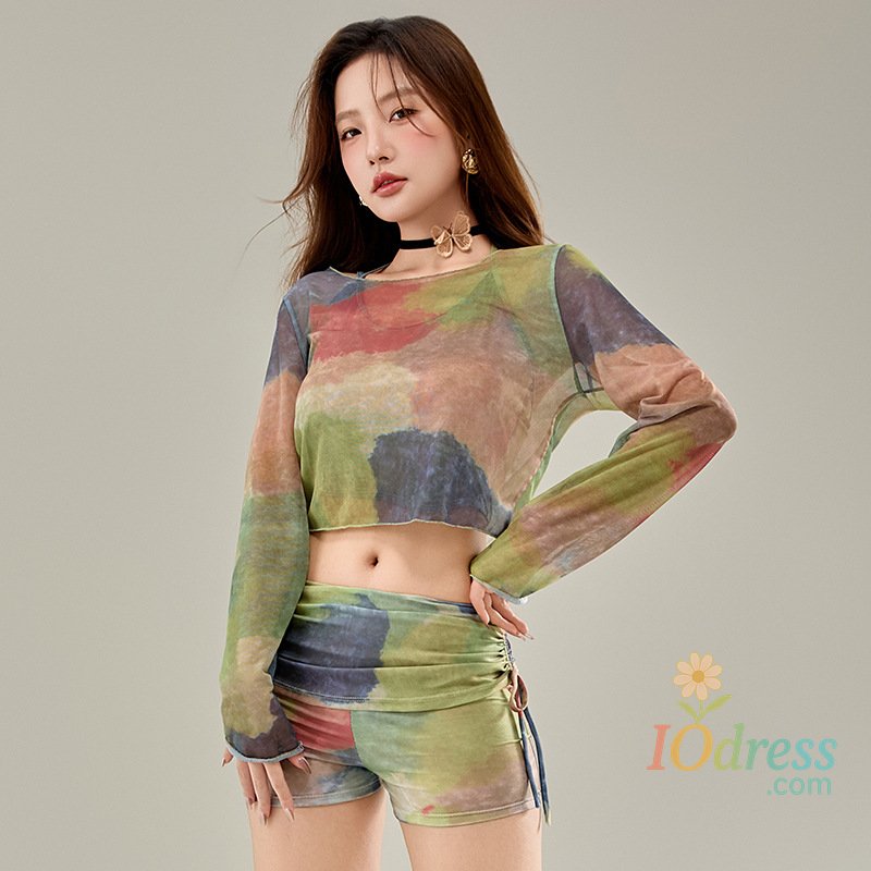 IO Dress Women Swimsuit  2025 New Split 3pcs/set Sunscreen Long-sleeve Tie-dye Blouse+shorts+bra Swimwear for Ladies Women Beach Clothes