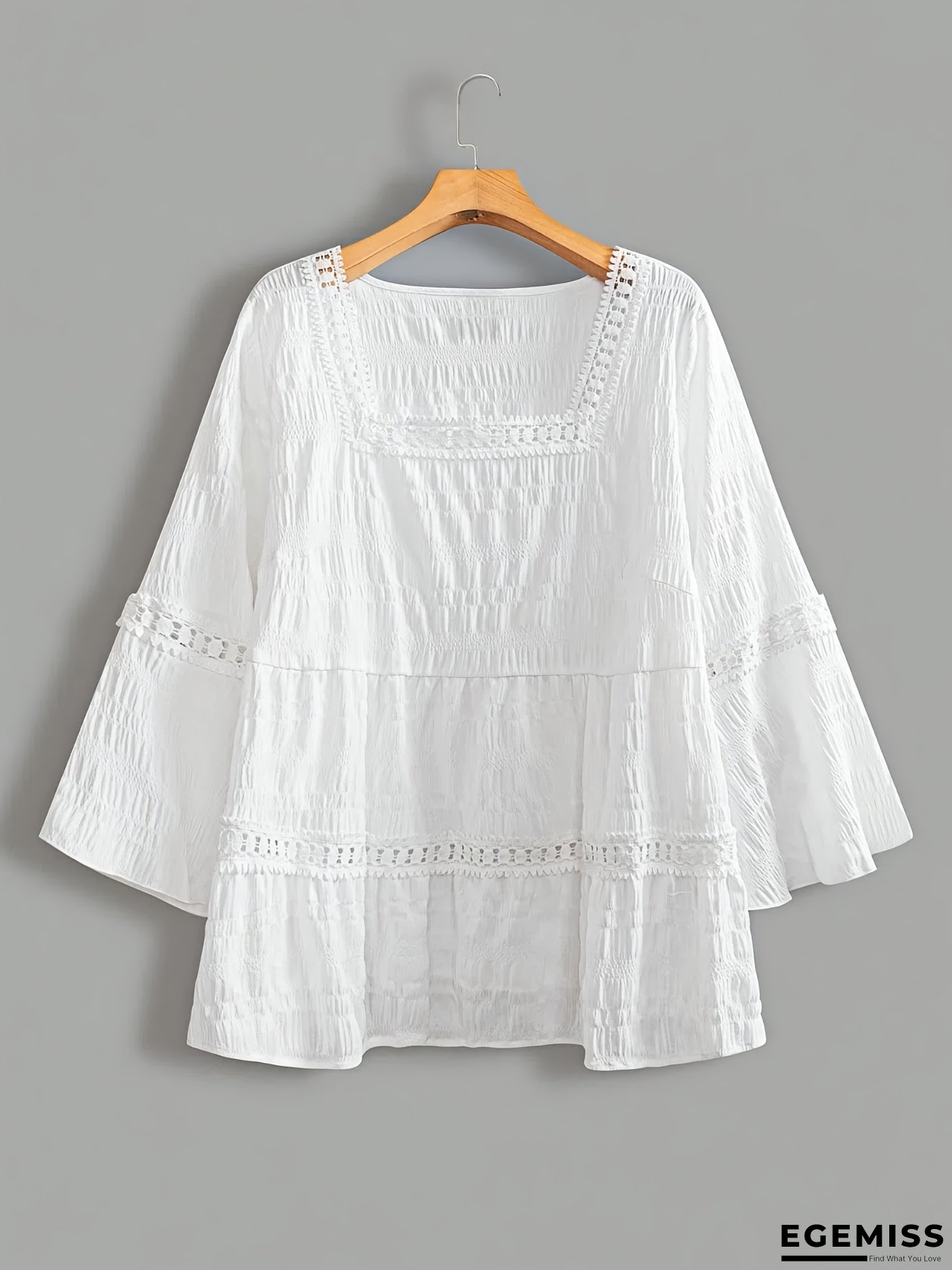 Plus Size, Plus Size Women's Elegant White Pleated Square Neck Blouse - Lightweight Non-Stretch Fabric, Machine Washable, Ruffled Cuffs & Hem, Versatile for Spring Summer Fall, Elegance Collection | EGEMISS