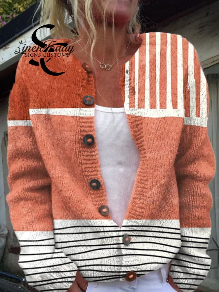 Retro Abstract Art  Print Casual Buttoned Cardigan Sweater