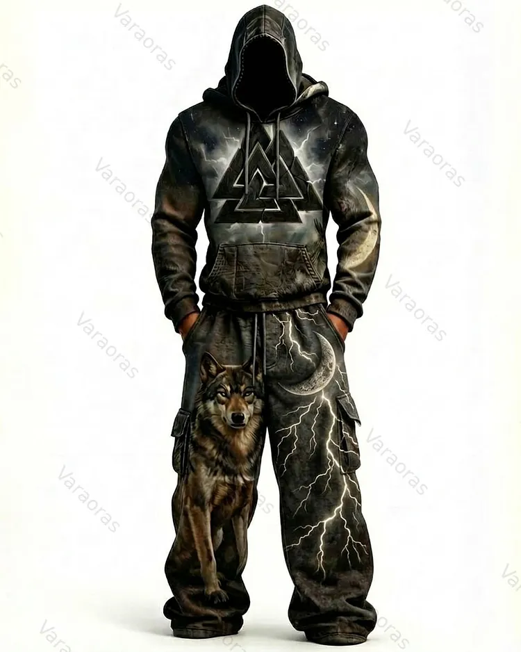 Men's Fashion Viking Contrast Color Embroidered Hoodie & Pants Two-Piece Set 1479
