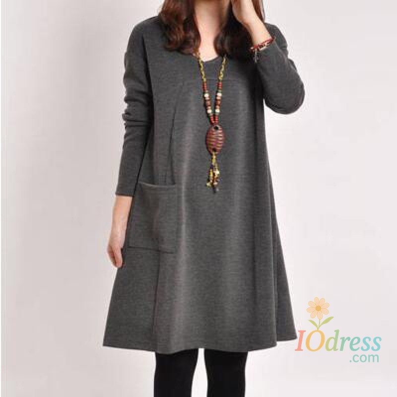 IO Dress Fall Winter 2024 New Plus Size Women's Casual Comfortable Warm Simple Solid Color V Neck Loose Leggings Dress IO Dress