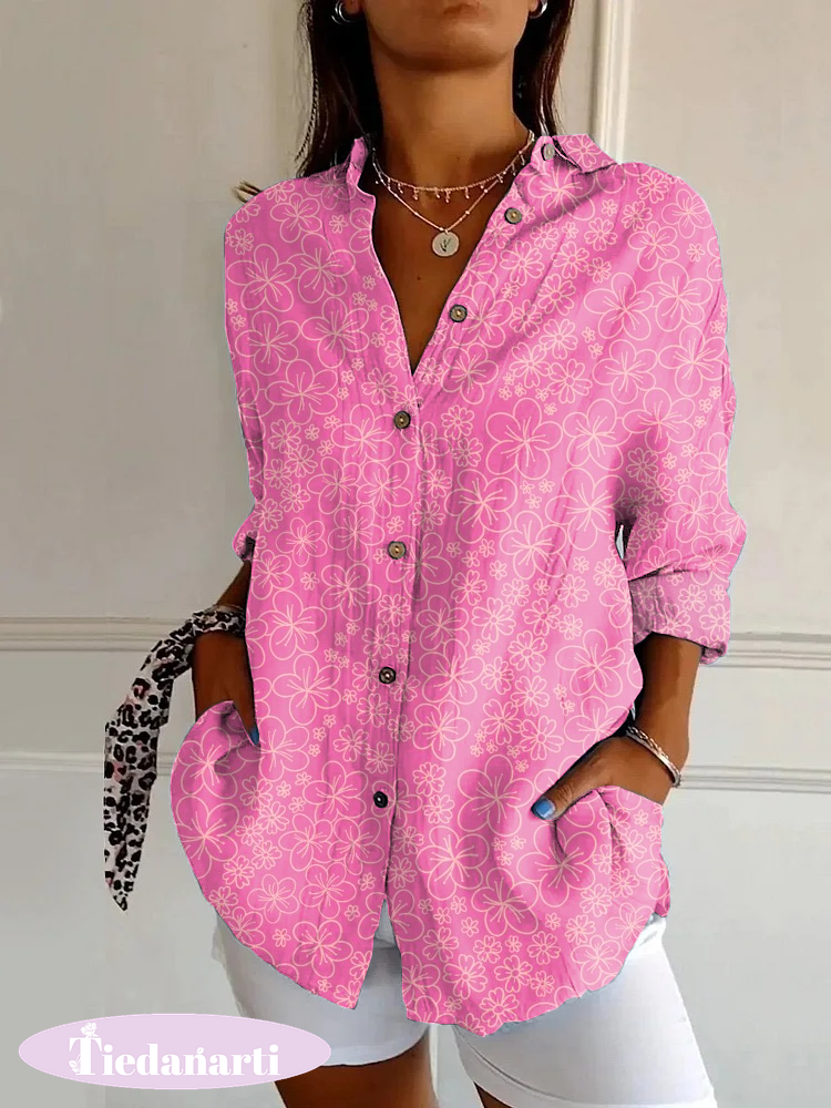 Classic Pink Cherry Print Casual Long Sleeve Shirt