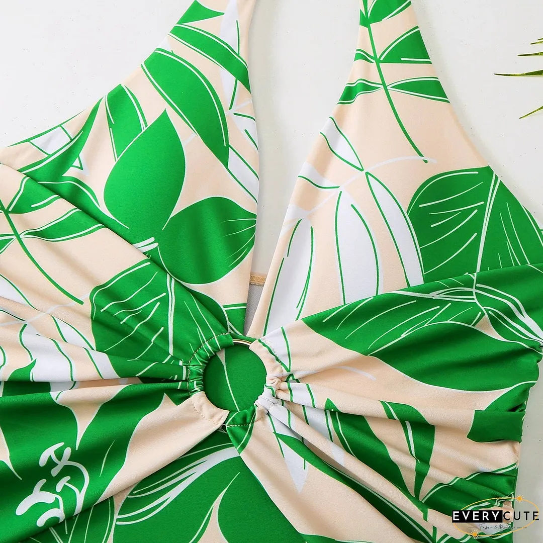 Green Floral One Piece Swimwear with Cover Y166