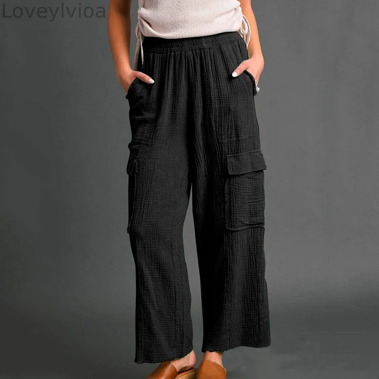 Solid Color Comfortable High Waisted Wide Leg Multi Pocket Workwear Pants