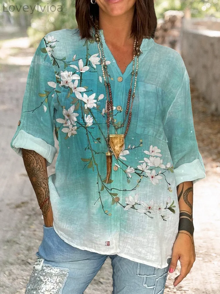 Women's Flowers Gradient Background Print Casual Cotton And Linen Shirt