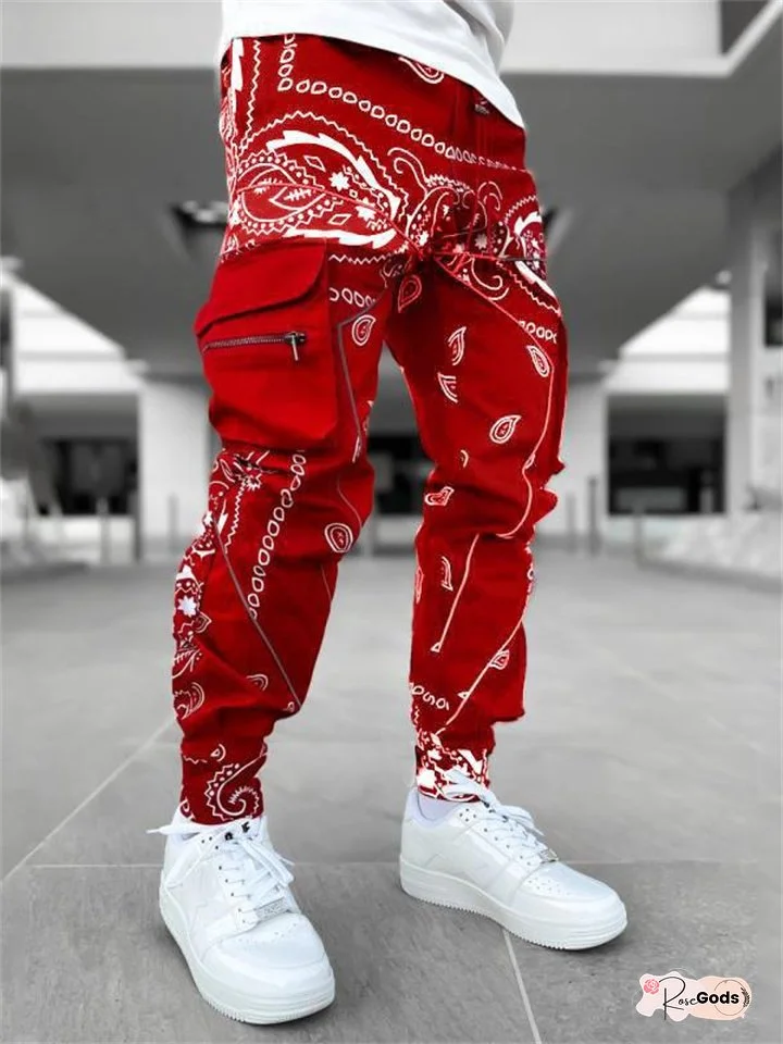 Geometric Pattern Men's Printed Cashew Flower Harem Pants Four Seasons Loose High Street Small Feet Multi-pocket Work Pants Male