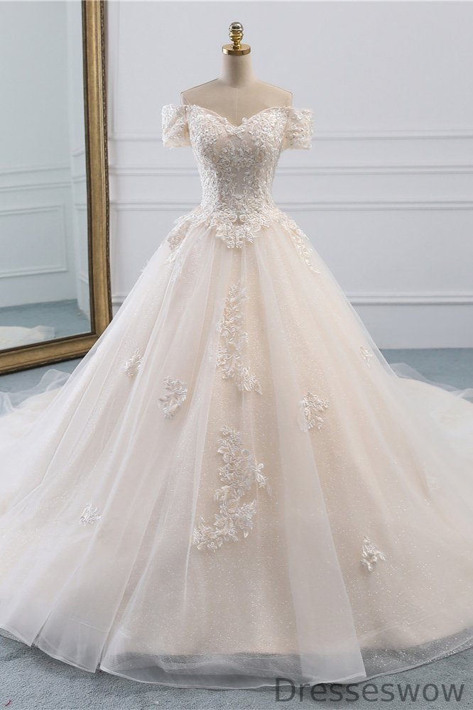 Dresseswow Long Off-the-Shoulder Wedding Dresses With Lace Appliques