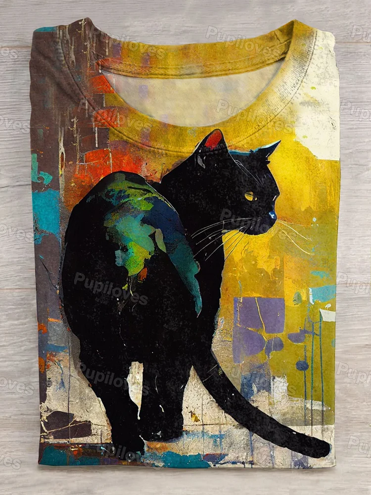 Pupiloves Pupiloves  Funny Balck Cat Art Print T-shirt