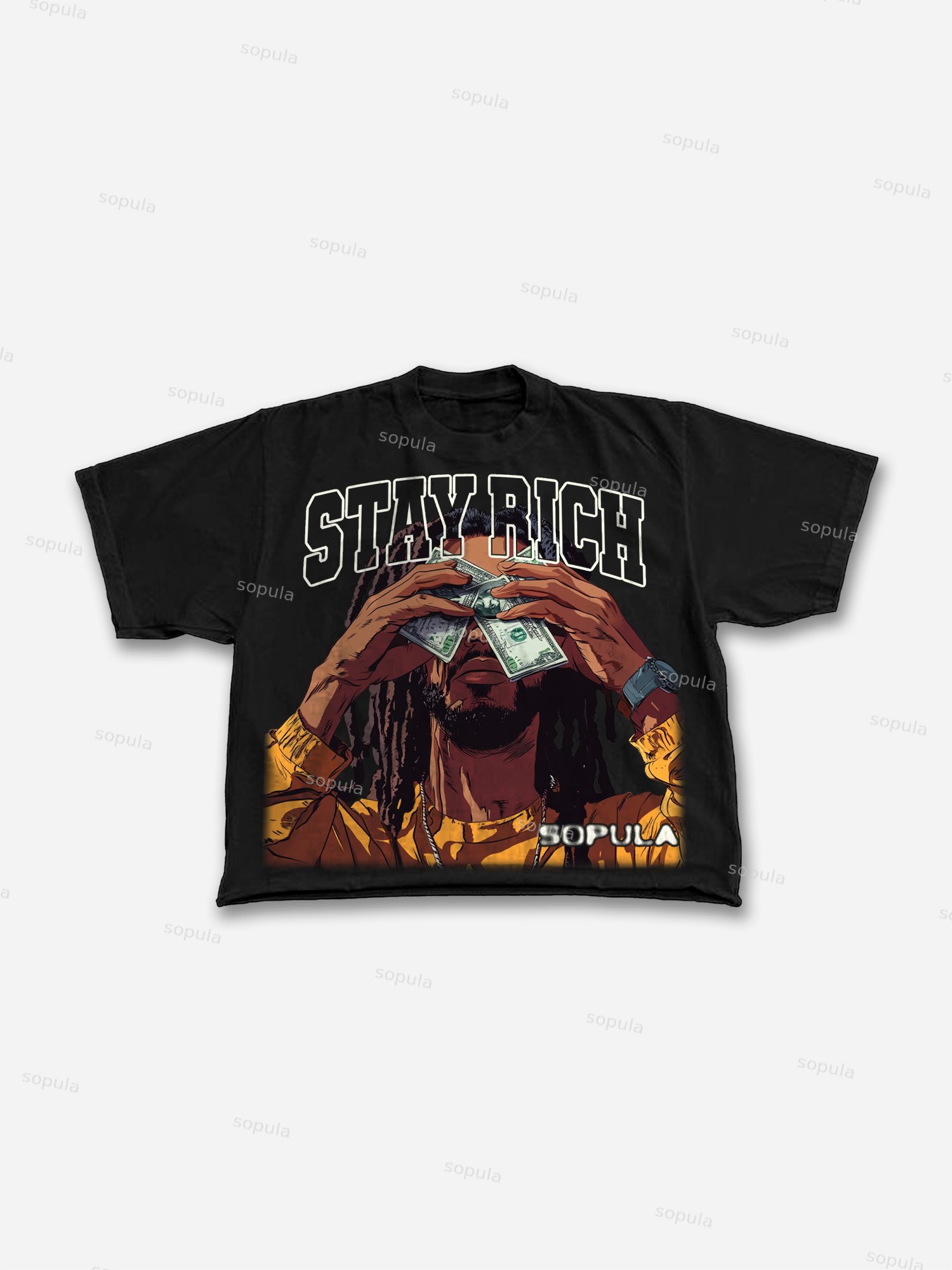 Men's Stay Rich Big Head Cartoon Graphic Cropped T-shirt