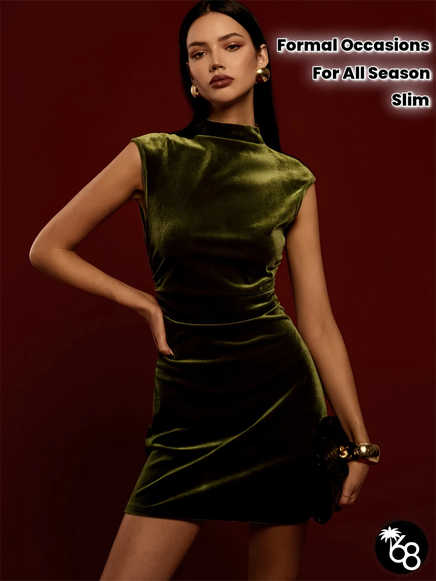 Womens Sleeveless Ruched Waist Slim Fit Dress Stretchy Velvet-Like Fabric Stand-Up | 168DEAL