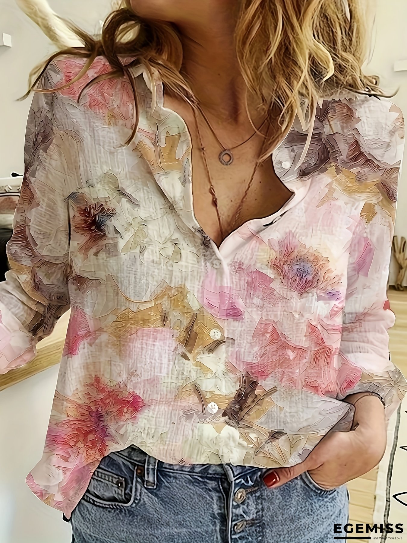 Women&lsquo;s Floral Print Blouse - Elegant Floral Shirt with Button Front Placket, Pastel Pink/White/Beige/Gray/Black/, Lightweight Office & Party Tops for Spring/Fall/Summer, Women&lsquo;s Formal & Everyday Blouse, Floral Print Blouse, Seasonal Fashion | EGEMISS