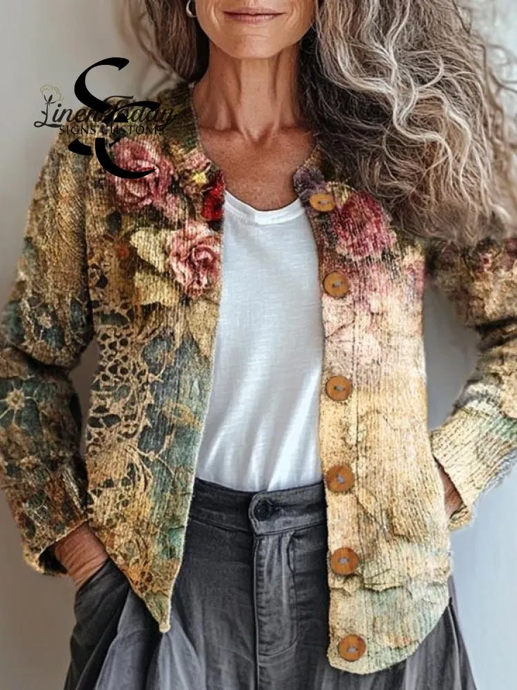 Women's Vintage Lovely Floral Art Print Buttoned Cardigan Sweater