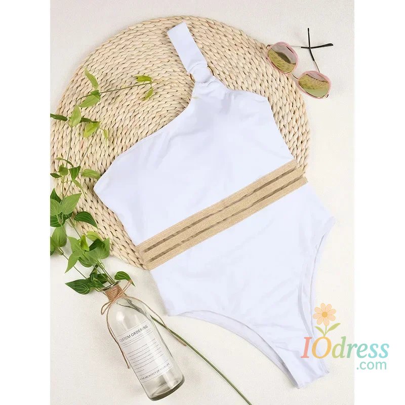 IO Dress New Sexy One Piece Swimsuit Swimwear Women Solid Single Shoulder Hollow Mesh White Bathing Suit Beachwear Banadores Mujer 2024