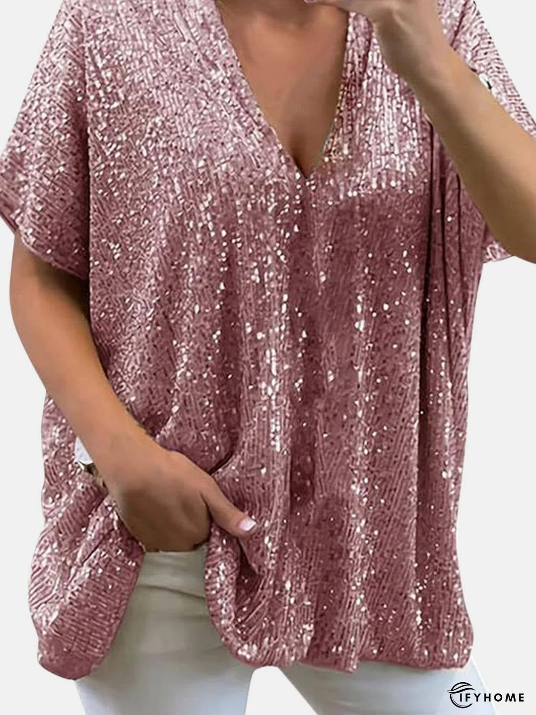 Full Size Sequin V-Neck Short Sleeve Top | IFYHOME