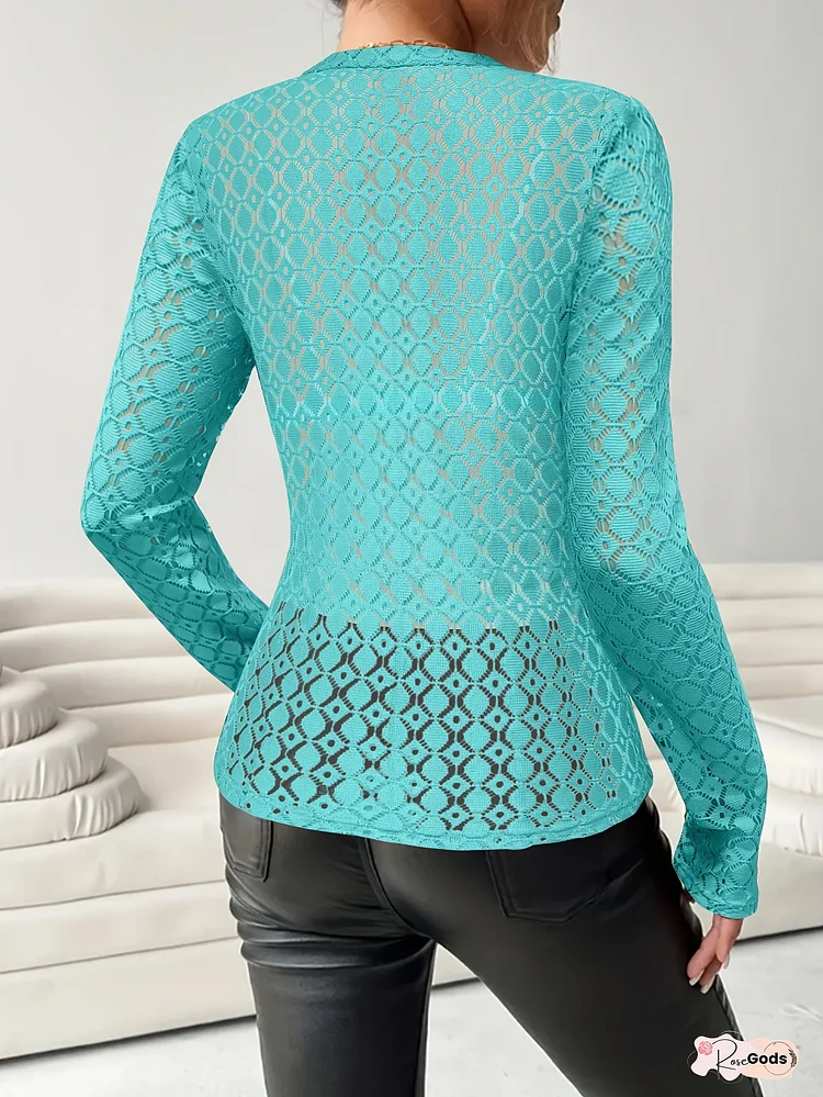 Women's Sexy Lace T-Shirt - Drop Shoulder Long Sleeve Blouse, Semi-Sheer Top for Casual & Formal Outfits - Machine Washable Everyday & Special Occasion Shirt, Versatile Blouse, Elegant Design, Delicate Fabric, Stylish Top, Fashion Lovers