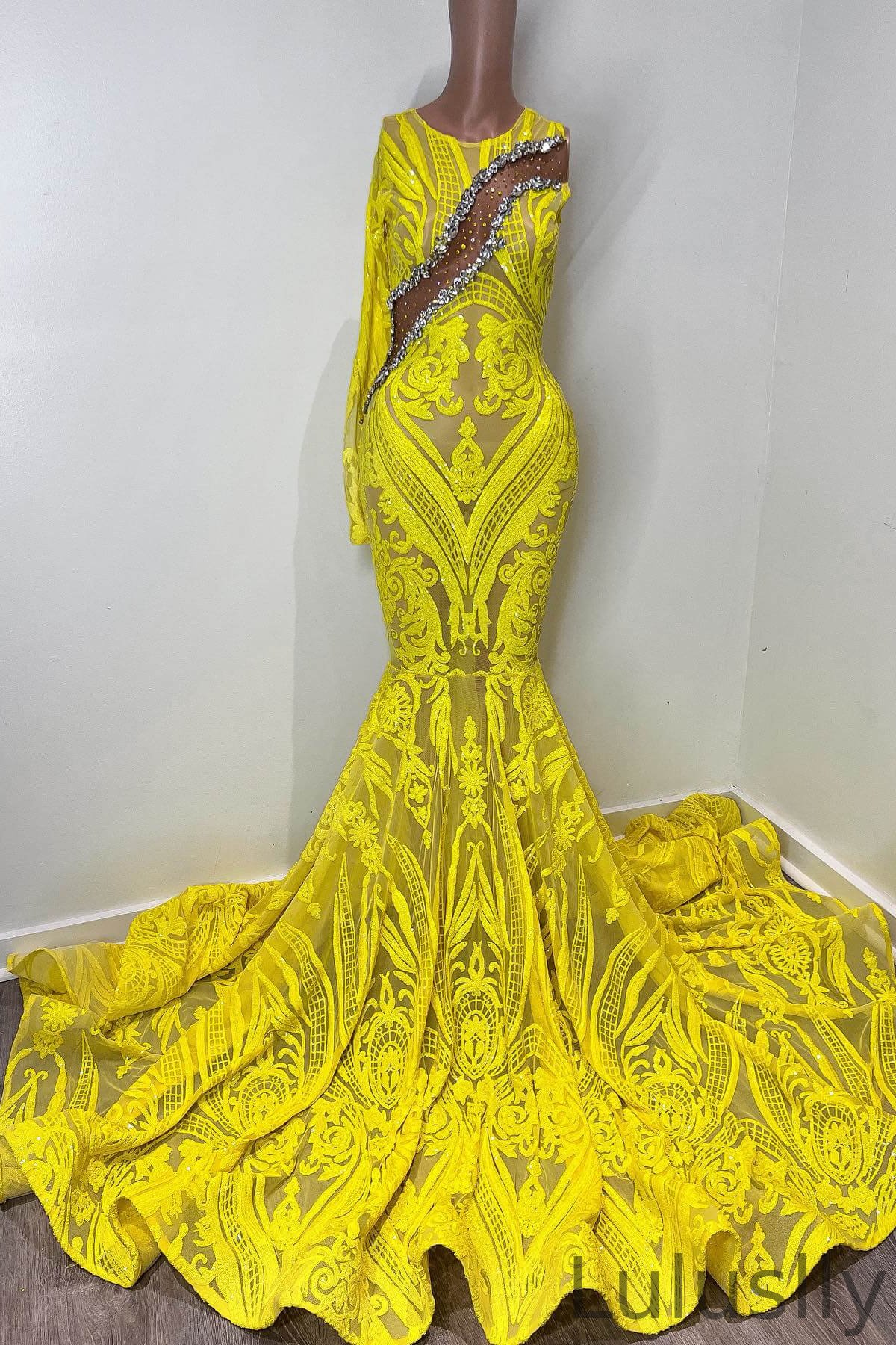 Luluslly Yellow Scoop Long Sleeve Mermaid Prom Dresses With Beadings Lace Sequins