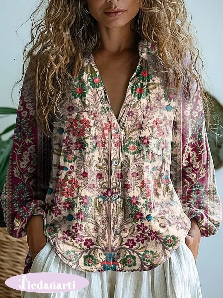 Women's Floral Patchwork Art Print Casual Long Sleeve Comfortable Cotton Shirt