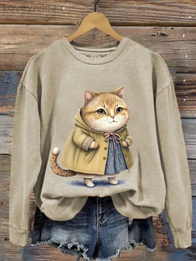 Women's Cute Winter Cat Print Casual Sweatshirt
