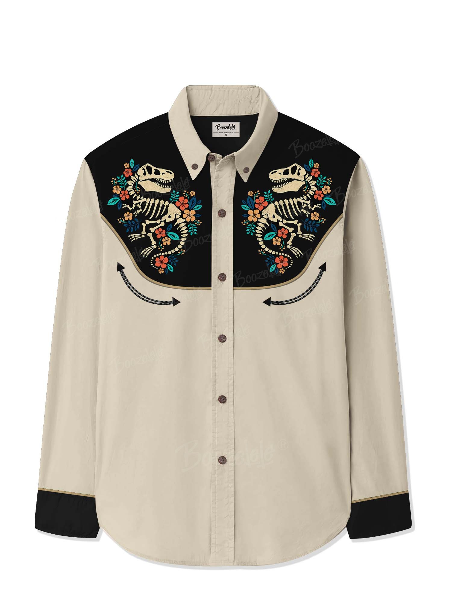 Skull Dinosaurs And Flowers - 100% Cotton Long Sleeves Shirt