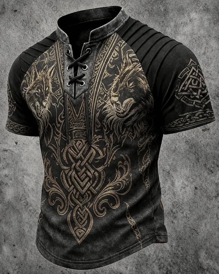 Men's Viking Knot Wolf Print Short-Sleeve Henley T-Shirt 6826