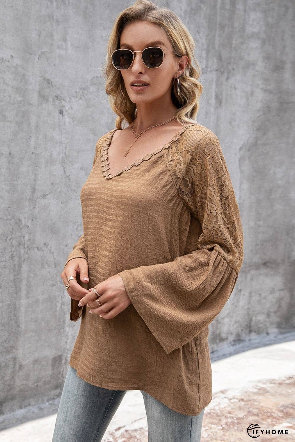 V-Neck Spliced Lace Flare Sleeve Top | IFYHOME