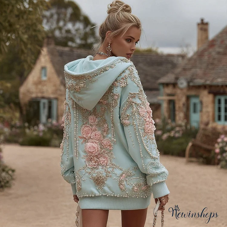 Women's Vintage Pink Rose Pearl Embroidery Pattern Cotton Long Hoodie