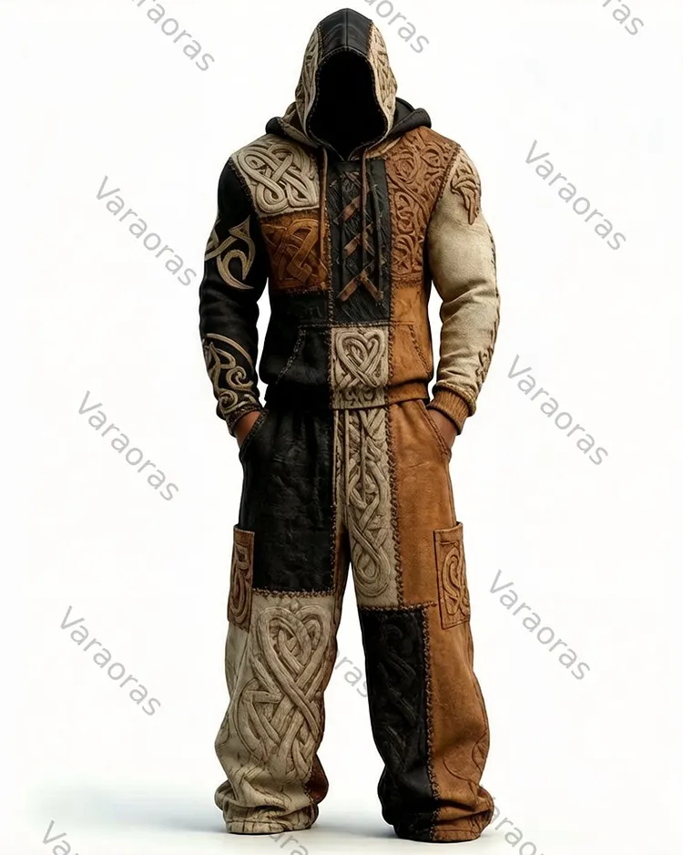 Men's Viking-Style Color-Blocked Knot Embroidered Hoodie and Pants Set 2861