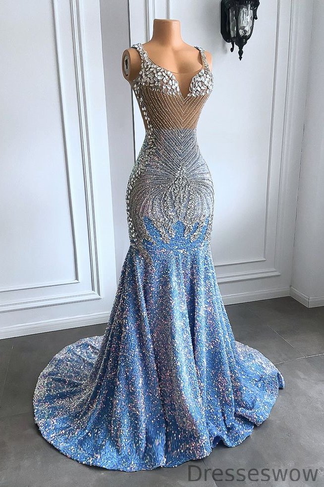 Dresseswow Baby Blue Mermaid Prom Dresses Sequins Sleeveless With Crystals