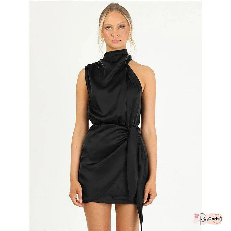 Solid Color Sleeveless Half Turtleneck Bandage Satin Mini Dress