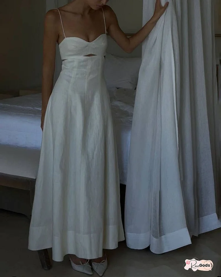Casual Solid Color Sling Cotton And Linen Dress