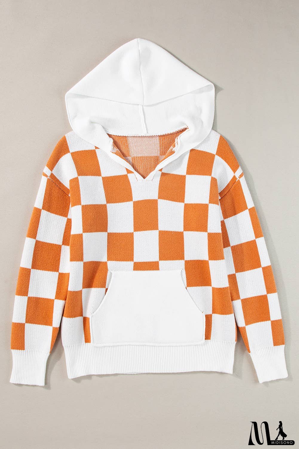 Checkered Contrast Kangaroo Pocket Hooded Sweater