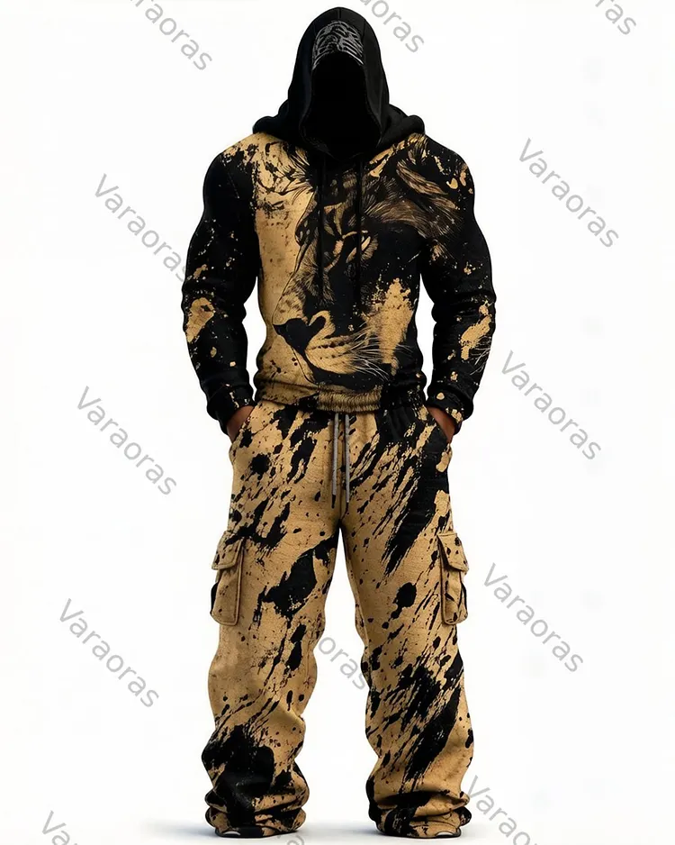 Men's Fashion Viking Contrast Color Embroidered Hoodie & Pants Two-Piece Set 2591
