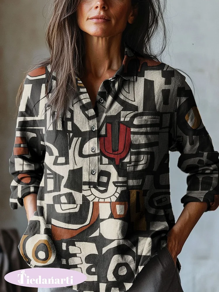 Women's Abstract Geometric Retro Art Print Casual Cotton And Linen Shirt