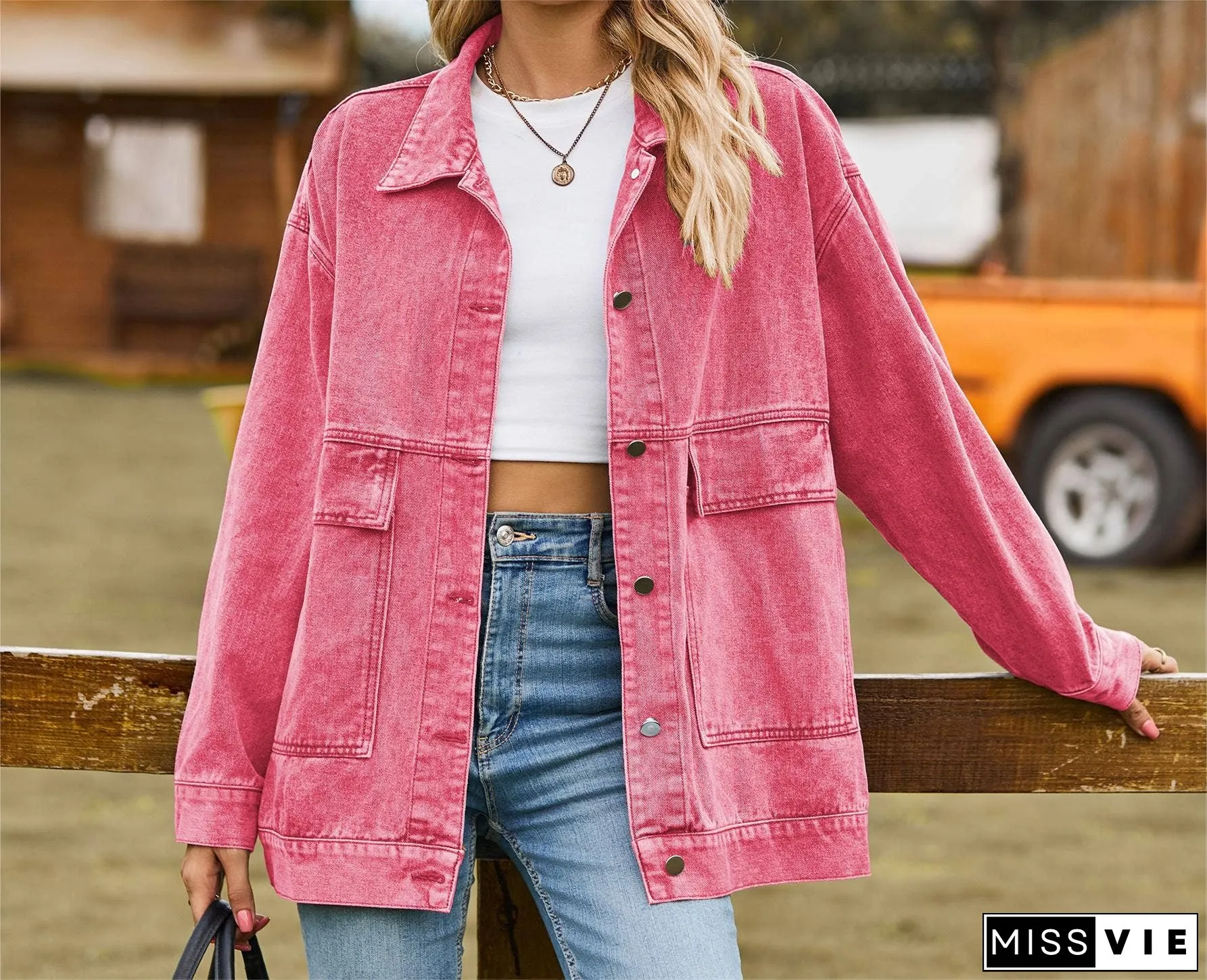 Plain Washed Denim Big Pockets Oversize Jacket MN22