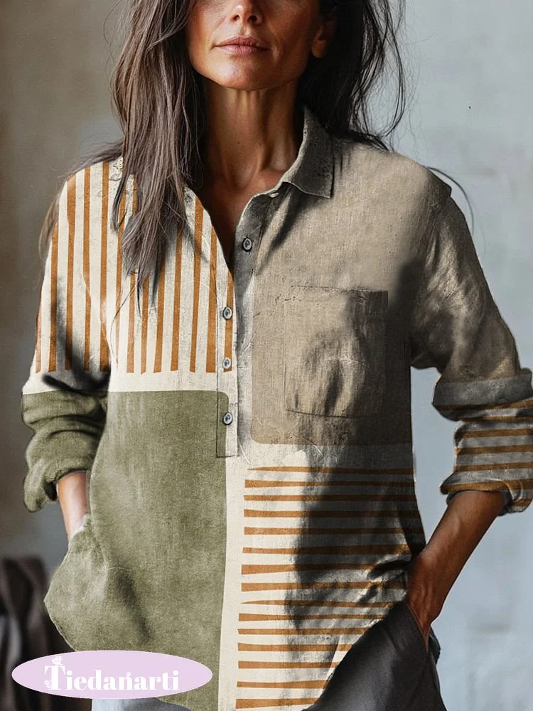 Women's Geometric Abstract Art Print Casual Cotton and Linen Shirt