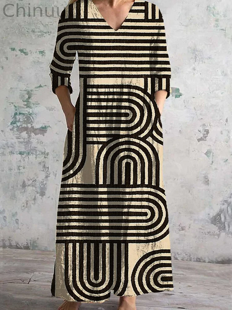 Vintage Stripe Art Print Chic V-Neck Three-Quarter Sleeves Elegant Midi Dress