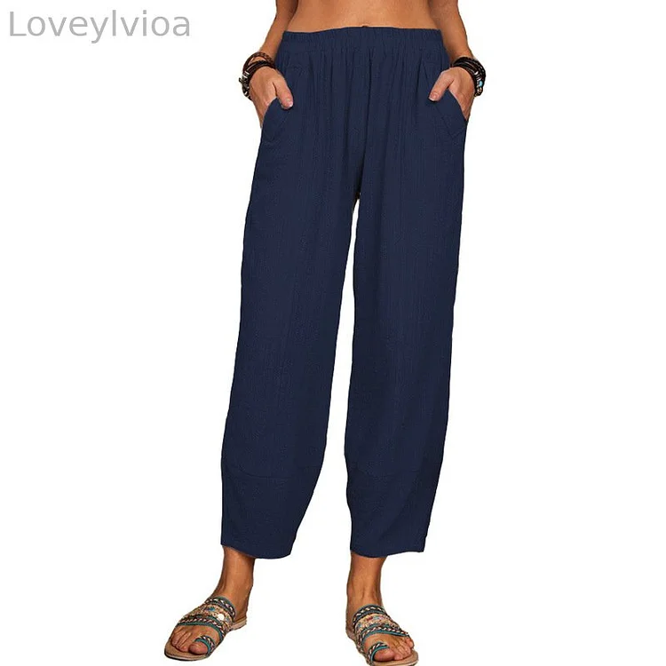 Women'S Solid Color Pocket Cotton And Linen Comfort Pants