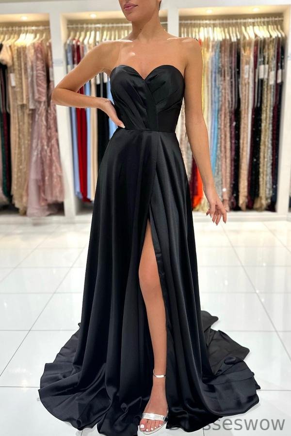 Dresseswow Black Sweetheart Long Prom Dress Split Zipper Back